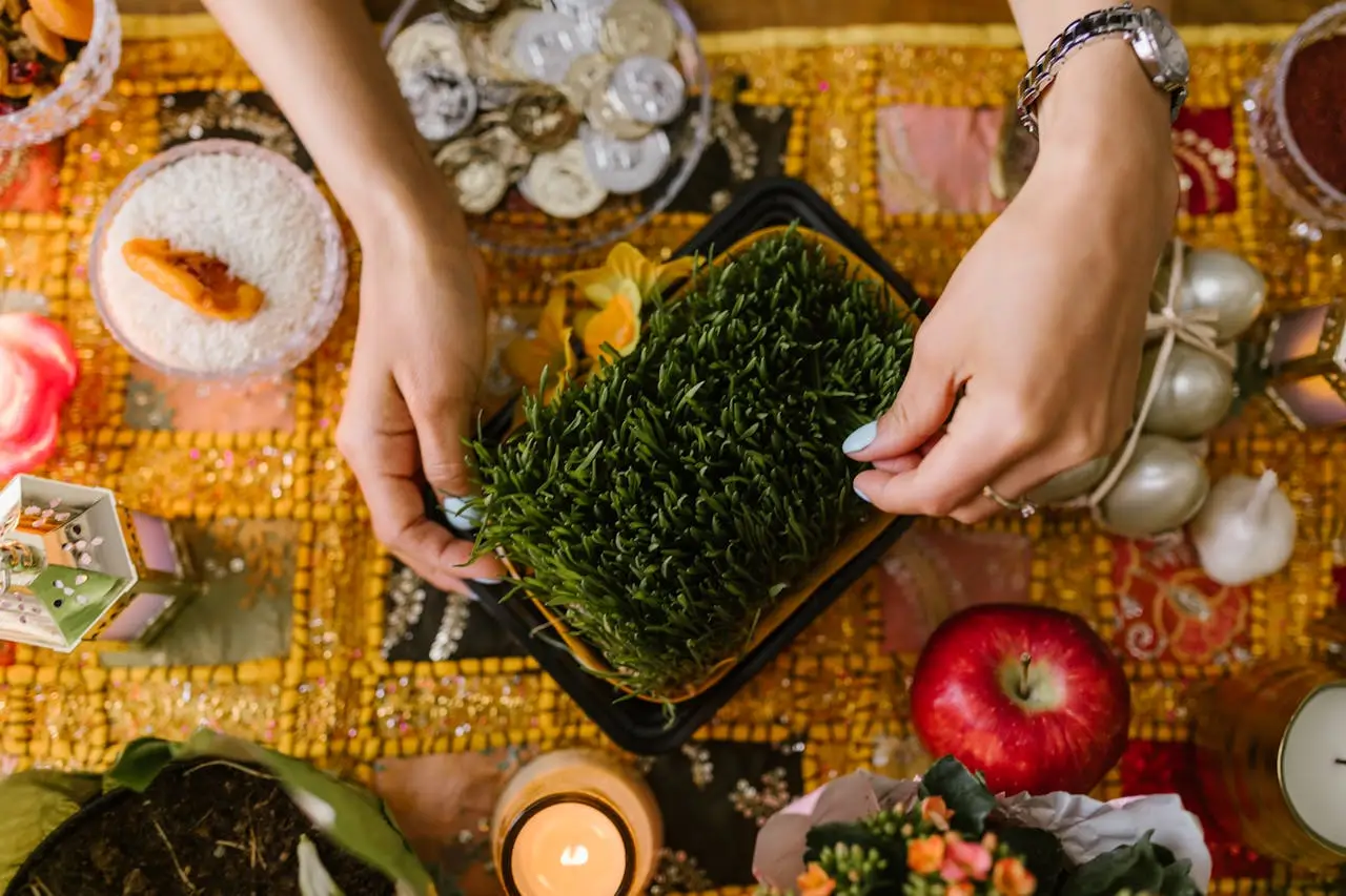 Celebrate Nowruz with a colorful and traditional haft-sin arrangement.